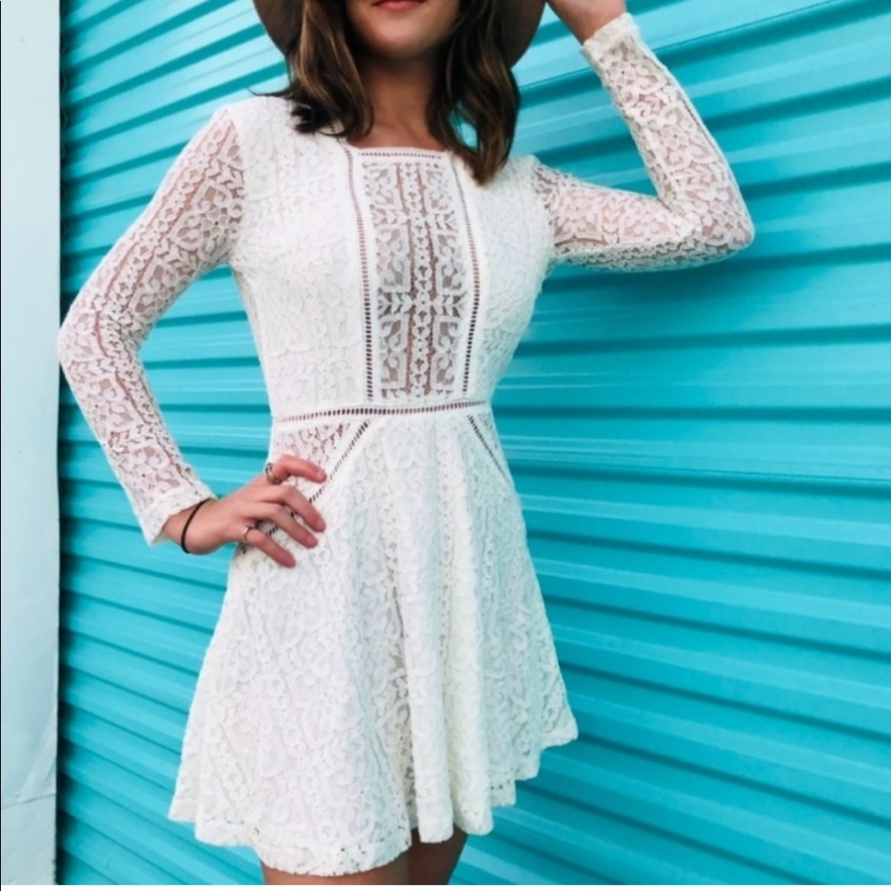 Tobi White Long-sleeve Lace Mini Dress
